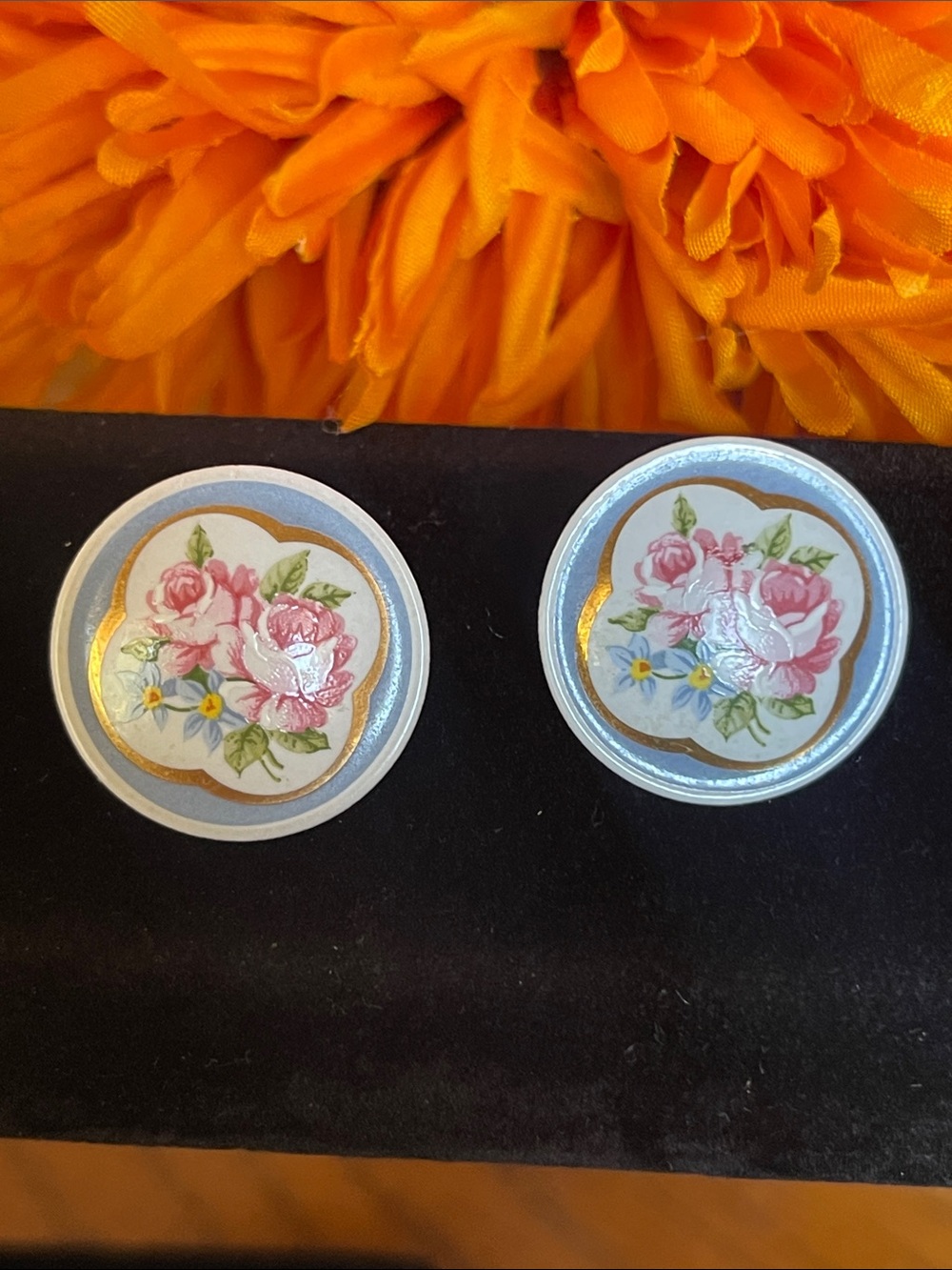 Avon floral Rose Porcelain Button Earrings - Pink & Blue